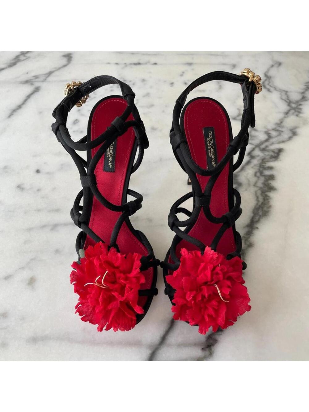 Dolce Gabbana Keira Black Satin Rose Sandals NWT Jeweled Buckle Heels Sirencore